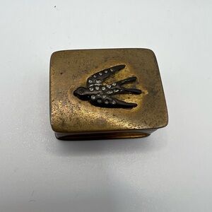 Vintage Volupte Gold Tone Trinket Box | Pill Box -Rhinestone Bird on Lid